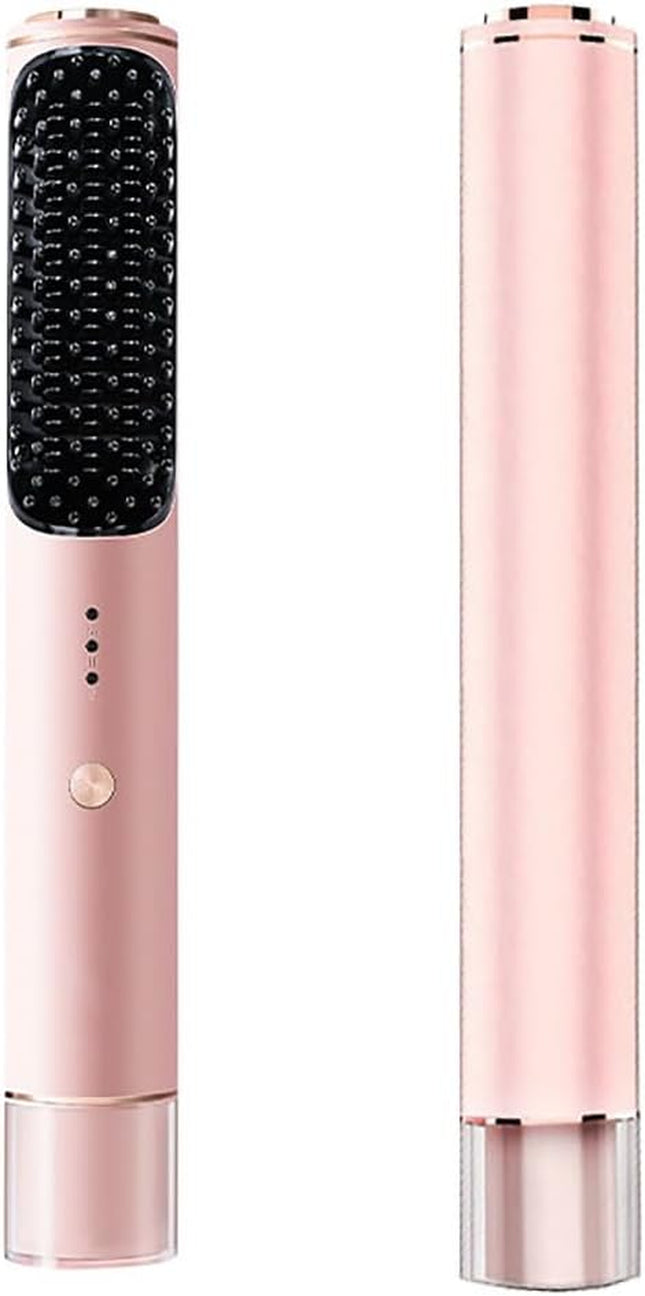Portable Cordless Hair Straightening Brush with 3 Levels Temperature Auto-Off Anti-Scald Travel Curler Styler USB C Typec Rechargeable Electric Wireless Hair Straightener Comb - Pink
