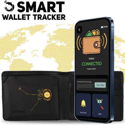 - Dolphin Smart Bluetooth Wallet with Tracker for Men, Bi-Fold Card Wallet with Anti-Theft RFID Blocking, 60Ft - 250Ft Bluetooth Finding Range, Works with Android & Ios, Black