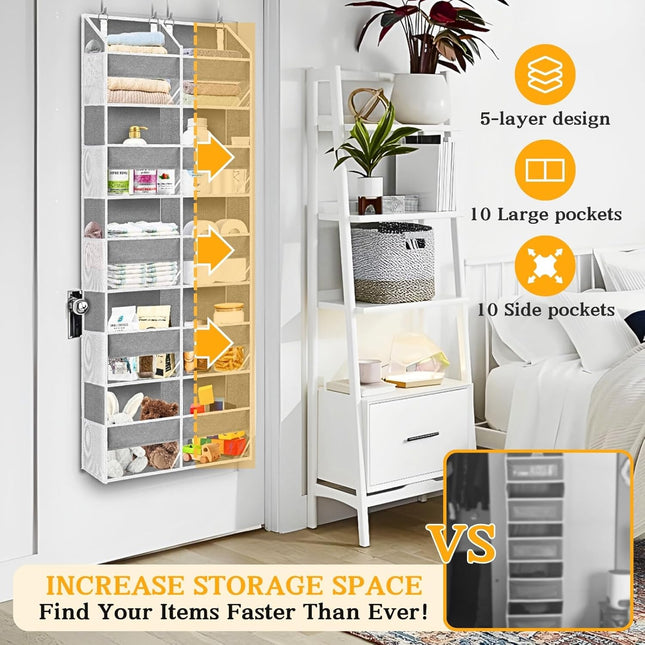 Over the Door Organizer, 5-Tier Extra Large behind Door Storage with 10 Big Front & 10 Mesh Pockets, 80Lb Capacity, Hanging Storage Organizer with Clear Window Kids Toys, Shoes, Diapers, Light Grey
