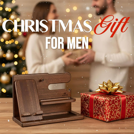 Gifts for Men Wood Phone Docking Station Desk Organizer Fathers Gifts Gifts for Him Xmas Gift Anniversary Birthday Presents Nightstand Key Wallet Stand for Men, Boyfriend, Dad