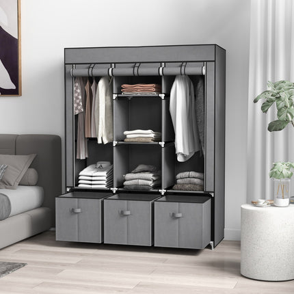 HOMCOM Portable Fabric Wardrobe with 5 Shelves and 3 Fabric Drawers, Grey