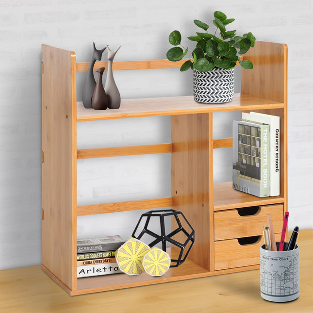 Desk Organiser Bookshelf Storage Shelf 180 Degree Rotatable 2 Drawers Bamboo