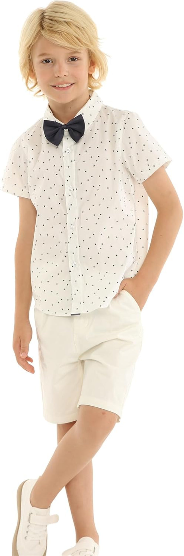 Boys Dress Shirt with Adjustable Bow Tie Short Sleeve Shirts Collared Tops