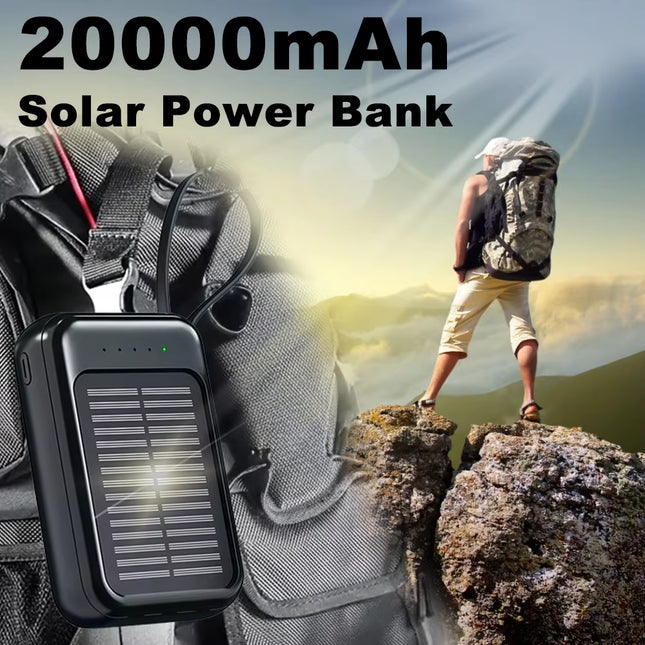 20000Mah Solar Power Bank with Flashlight Outdoor Portable Charger 4 Outputs LED Lights for Camping Emergency