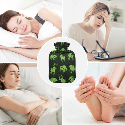 Hot Water Bottle with Cover, Funny Green Frog 1L Leakproof Hot Water Bag for Hand Feet Warmer, Neck, Shoulder, Back, Muscle Pain Relief, Cold Compress