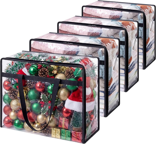 4 Pack Clear Plastic Storage Bags, 40L Foldable Clothes Storage Boxes Wardrobe Organizer Moving Bags with Reinforced Handle for Loft Wardrobe for Bedding Clothes Blanket Duvet