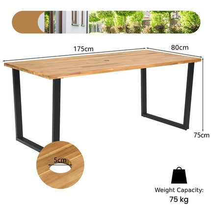 175 X 80Cm Patio Rectangle Dining Table for 6 Person with Umbrella Hole