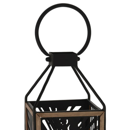 Black Metal Leaf Effect Lantern with Glass Tealight Holder & Wooden Trim 48Cm
