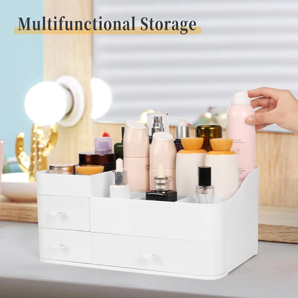 Large Makeup Organiser with Drawers, Skincare and Cosmetics Storage Box, Dressing Table Organiser for Lotions, Lipsticks, Eyeshadows, Vanity Desk Storage, Bathroom and Home Organiser, White