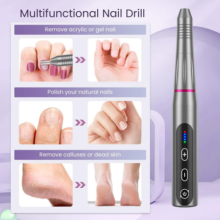 Electric Nail Files, Cordless Nail Drill Rechargeable, 5 Adjustable Speed E File, Professional Electric Nail Drill for Acrylic Nails with 20000 RPM, Portable Manicure Pedicure Kit Gifts for Women Mum