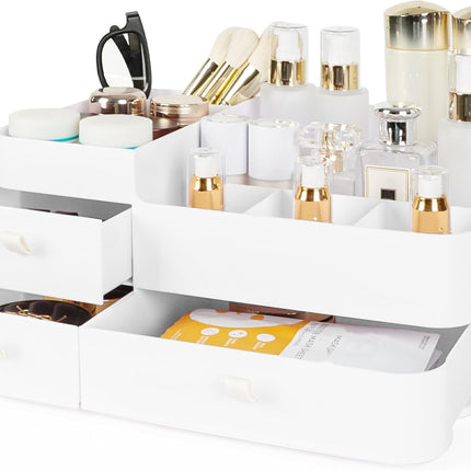 Large Makeup Organiser with Drawers, Skincare and Cosmetics Storage Box, Dressing Table Organiser for Lotions, Lipsticks, Eyeshadows, Vanity Desk Storage, Bathroom and Home Organiser, White