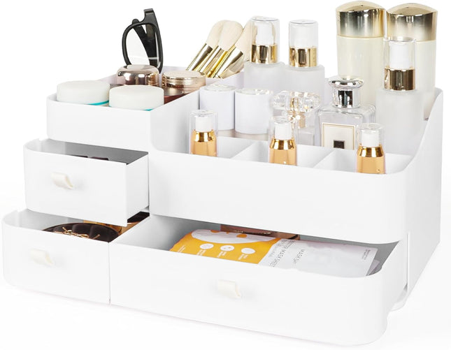 Large Makeup Organiser with Drawers, Skincare and Cosmetics Storage Box, Dressing Table Organiser for Lotions, Lipsticks, Eyeshadows, Vanity Desk Storage, Bathroom and Home Organiser, White