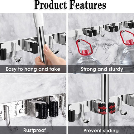5 Holders+4 Hooks Broom Holder Wall Mounted with Nails Installation, Heavy Duty Stainless Steel Mop Holder, Brush Mop and Broom Storage Self Adhesive