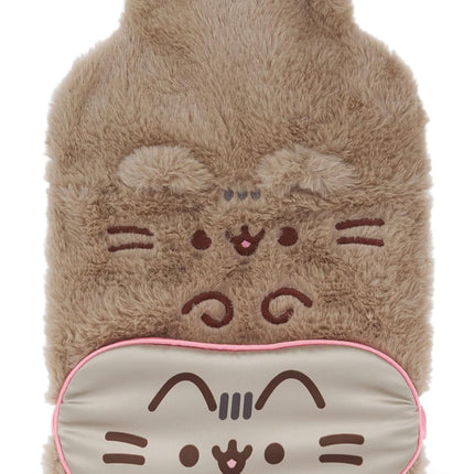 Womens Hot Water Bottle & Eye Mask Set | Ladies & Girls Furry Heat Pad and Satin Sleepwear Eye Cover in Brown | Complete Matching Nightwear Gift Bundle | Cat Kitten Merchandise Apparel