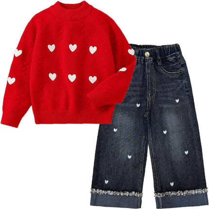 2-7T Spring Fall Little Girls 2Pcs Clothing Set Heart Knit Sweater and Straight Jeans