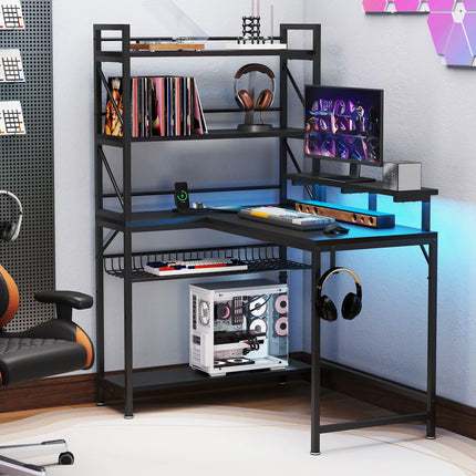 L-Shaped Gaming Desk - Carbon Fibre Black 106Cm Corner Desk with Power Outlets, LED Lights & Storage Shelves