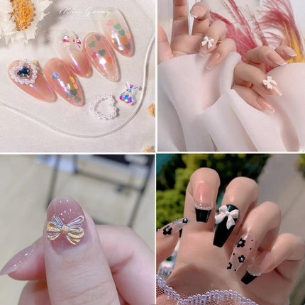 3D Nail Charms, 400Pcs Mixed Nail Art Charms Lollipop Bow Pearl Shell Heart Bear and Other Multi-Shape Nail Jewelry Charms with Box for DIY Crafts Phone Case Nail Art,With Tweezers