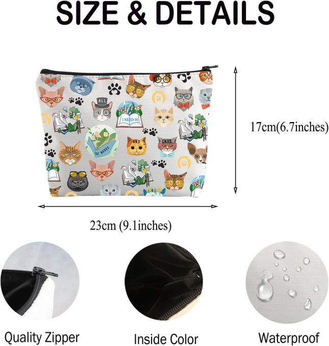 Cat Makeup Bag: Kitten Cosmetic Travel Bag with Zipper - 'Books and Cats' Bag Gift for Cat Lovers