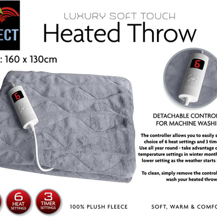 Electric Heated Blanket | Luxury Soft Touch Blanket | Warm Soft over Throw Plush Fleece Rug with Digital Timer Controller Super Comfy | Heated Throw 160Cm X 130Cm | Grey