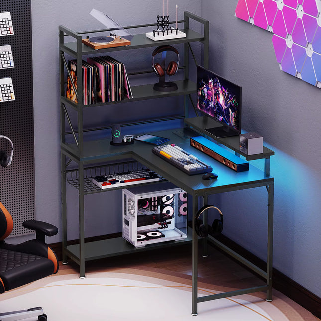 L-Shaped Gaming Desk - Carbon Fibre Black 106Cm Corner Desk with Power Outlets, LED Lights & Storage Shelves