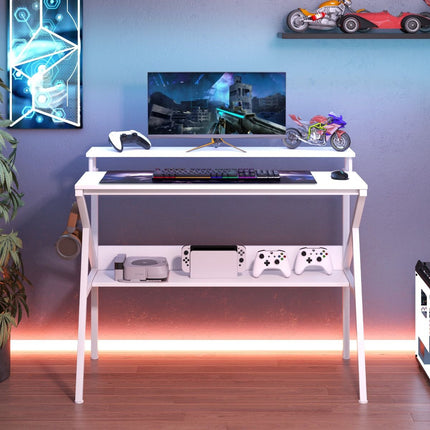 Space Saving Computer Desk with Monitor Stand and Open Shelf