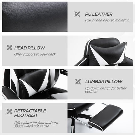 Vinsetto Gaming Chair Ergonomic Reclining Manual Footrest Wheels Stylish White