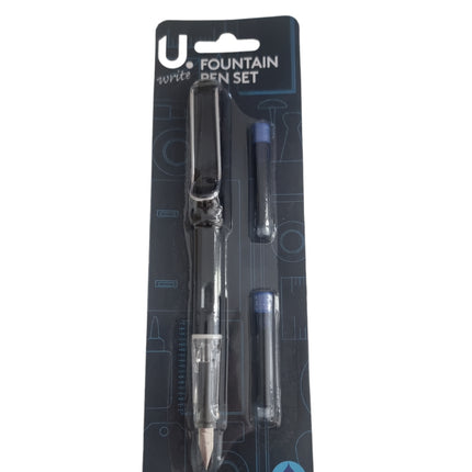 Fountain Pen Blue Ink Medium Writing Nib with Lid and 2 Cartridges Black Plastic