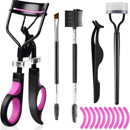 Eyelash Curlers Eyebrow Brush Kit for Women W Lash Curler, Eyelash Comb Seperator, Mascara Brushes, Eyelash Extension Tweezers, Angled Eyebrow Brush and Comb, 10 Silicone Refills Pads for Lash & Brow