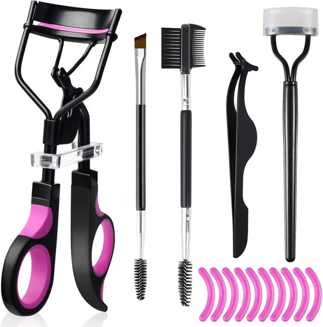 Eyelash Curlers Eyebrow Brush Kit for Women W Lash Curler, Eyelash Comb Seperator, Mascara Brushes, Eyelash Extension Tweezers, Angled Eyebrow Brush and Comb, 10 Silicone Refills Pads for Lash & Brow