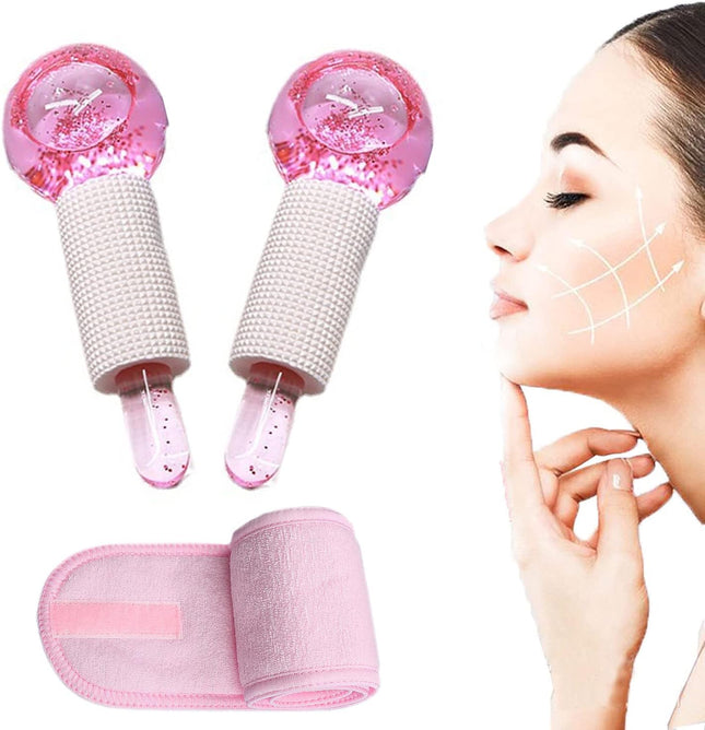 Ice Globes for Facials,  Ice Roller Mold Set for Eyes and Face, 2Pcs Facial Ice Globes with Adjustable Spa Facial Headband for Face & Eye Puffiness Relief, Pink Color L Size 13.5 X 5Cm