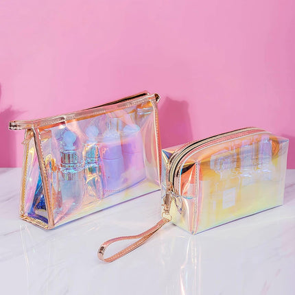 Iridescent Holographic Makeup Bag with Portable Handle, Travel Clear Toiletry Bag, Lipstick Cosmetic Pouch, Waterproof Zipper Beach Bag Make up Organizer Case for Woman Teen Girl, B