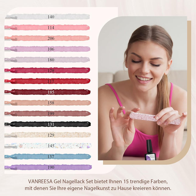 15 Colour Gel Nail Polish Set with 36W UV Nail Lamp - Starter Kit for Gel Nail Art - Pink, Red, Brown