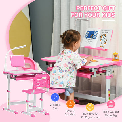 HOMCOM Kids Study Desk and Chair Set W/ USB Lamp, Adjustable Height, Pink