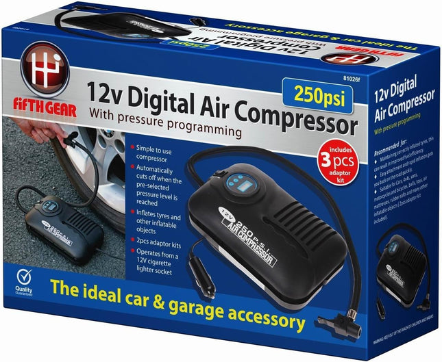12V Digital Tyre Inflator, Car Portable Air Compressor Tyre Pump 250 PSI Compact Air Pump, 3 Piece Adaptor Kit for Cars, Motorbikes and Inflatables