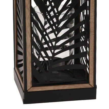 Black Metal Leaf Effect Lantern with Glass Tealight Holder & Wooden Trim 48Cm