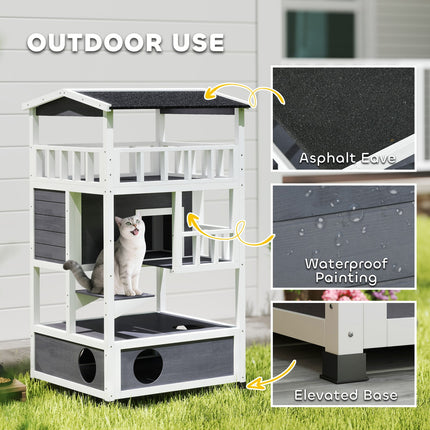 Pawhut Wooden Outdoor Cat House 3-Tier Kitten Shelter W/ Tilted Roof Grey