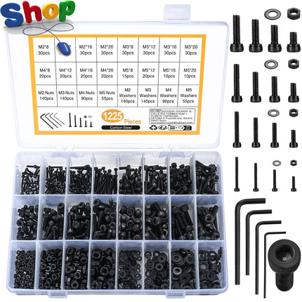 1225Pcs M2 M3 M4 M5 Hexagon Socket Screws, Bolts, Nuts, and Washers Assortment K