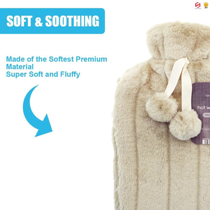 Hot Water Bottle with Faux Fur Removable Pom Pom Cover Body Warmer Xmas 2L Mink