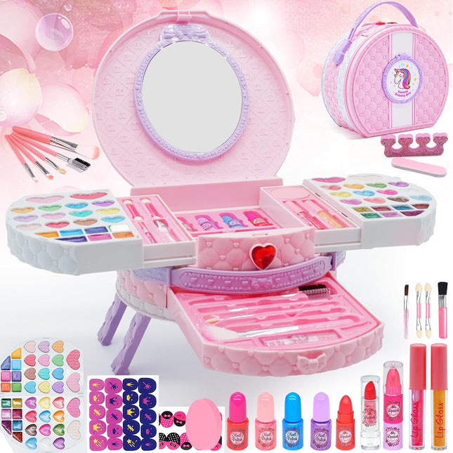 Kids Makeup Sets for Girls - 66 PCS Dresser Vanity Case Make up Set for Girls Childrens Toddler, Washable and Safe Pretend Play Games Toys Makeup Kids, Christmas Birthday Presents for 3+ Year Old Girl