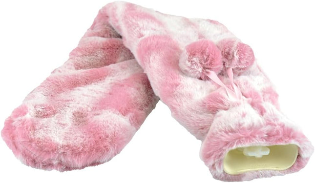 Hot Water Bottle 2 Litre Capacity Two Tone Pink Faux Fur Pom Pom Fleece Cover Rubber Leak Proof Long Hot Water Bag for Pain Relief Cosy Nights and Relaxation Body Warmer
