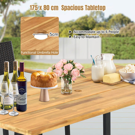 175 X 80Cm Patio Rectangle Dining Table for 6 Person with Umbrella Hole