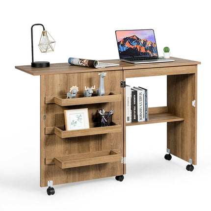 Folding Sewing Table with Storage Shelves and Lockable Casters