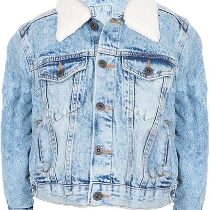 Boy’S Trucker Denim Jacket Detachable Sherpa Collar Washed Denim Classic Western Style Jean Coat UK Sizes 5-13 Years
