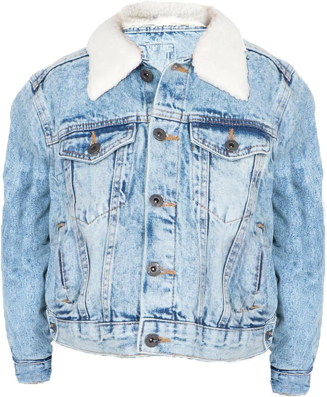 Boy’S Trucker Denim Jacket Detachable Sherpa Collar Washed Denim Classic Western Style Jean Coat UK Sizes 5-13 Years