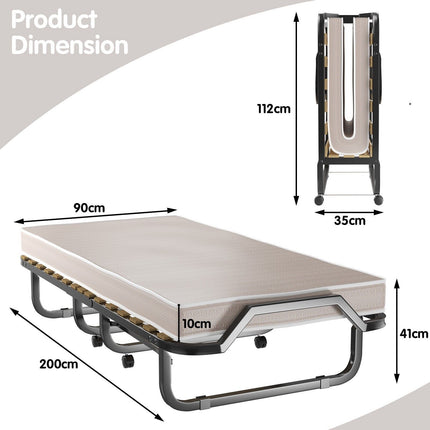 Folding Bed with 10 Cm Memory Foam Mattress and Wheels