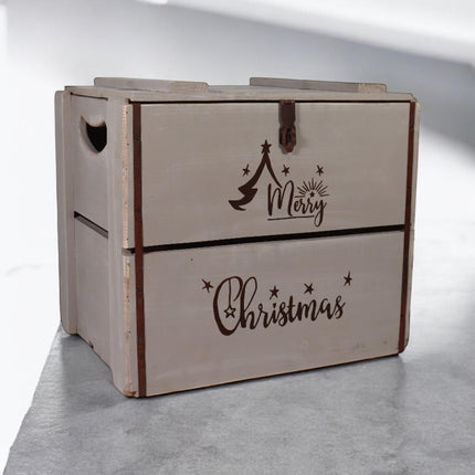 Rustic Vintage Grey Merry Xmas Box Wooden Display Storage Crate Xmas Eve Box