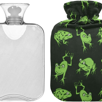 Hot Water Bottle with Cover, Funny Green Frog 1L Leakproof Hot Water Bag for Hand Feet Warmer, Neck, Shoulder, Back, Muscle Pain Relief, Cold Compress
