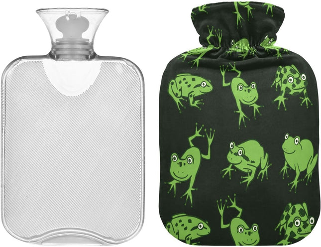 Hot Water Bottle with Cover, Funny Green Frog 1L Leakproof Hot Water Bag for Hand Feet Warmer, Neck, Shoulder, Back, Muscle Pain Relief, Cold Compress