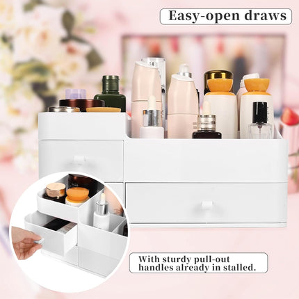 Large Makeup Organiser with Drawers, Skincare and Cosmetics Storage Box, Dressing Table Organiser for Lotions, Lipsticks, Eyeshadows, Vanity Desk Storage, Bathroom and Home Organiser, White