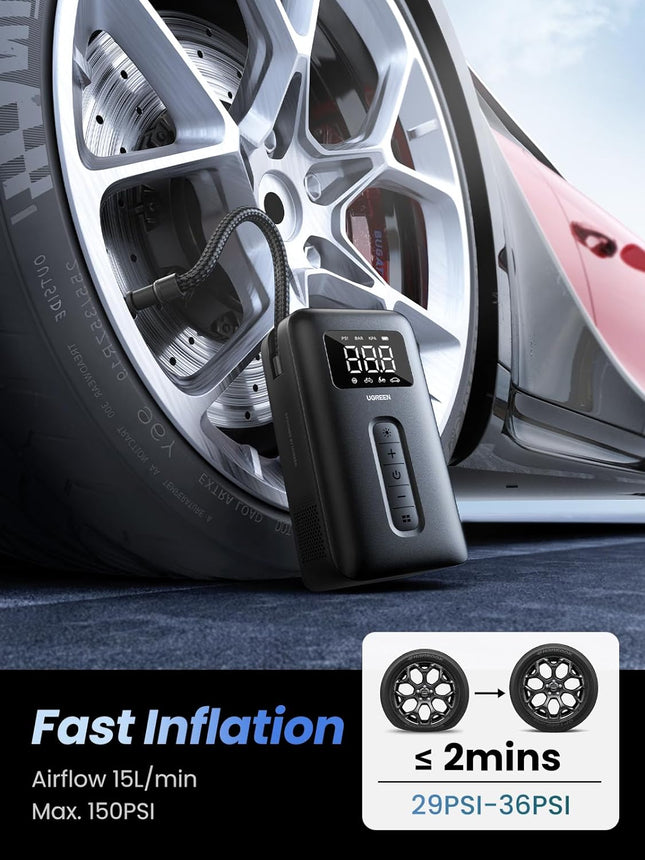 Tyre Inflator Portable Cordless Electric Air Pump 150PSI Auto-Off Car Tyre Pump with LED Light Digital Gauge for Accurate Pressure Readings for Cars, Motorcycles, Balls, All Bicycles, Etc